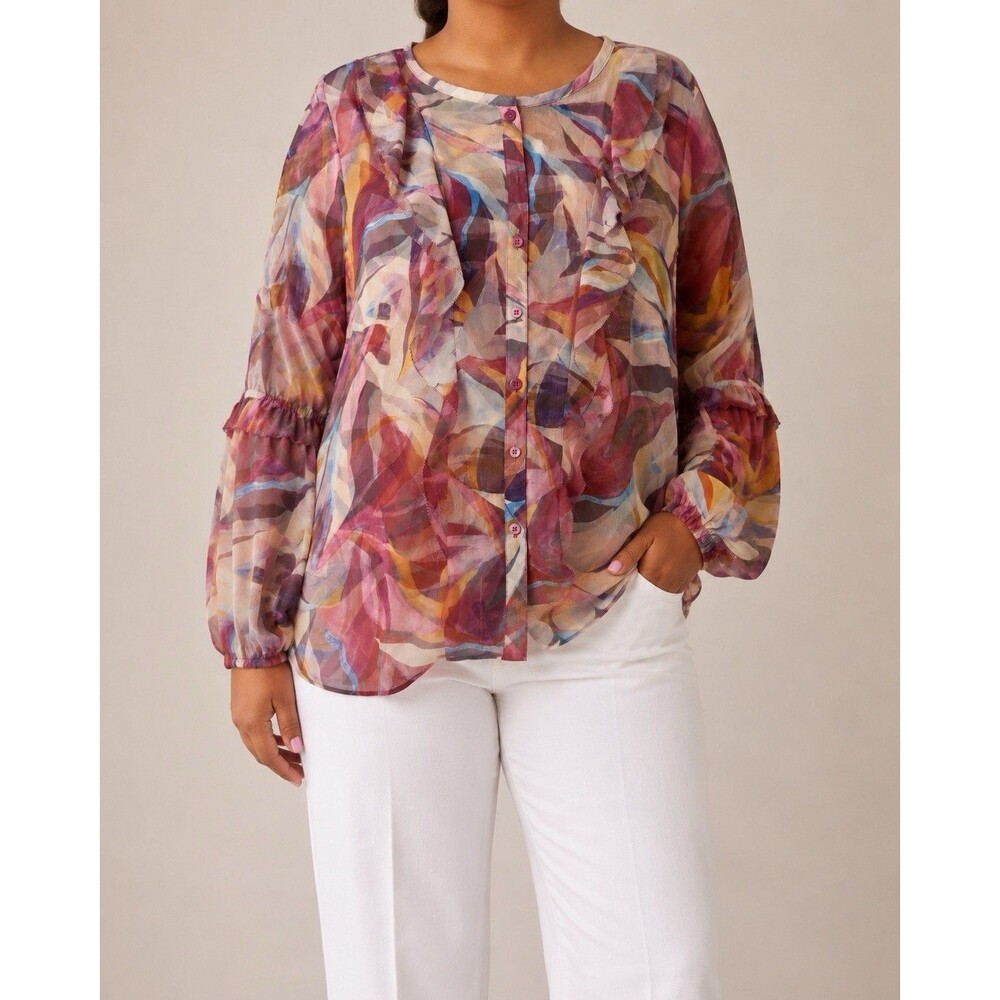 Chico’s 3 XL 16 Abstract Ruffle Crinkle Blouse Sweet Berry Sheer Button Top NWT